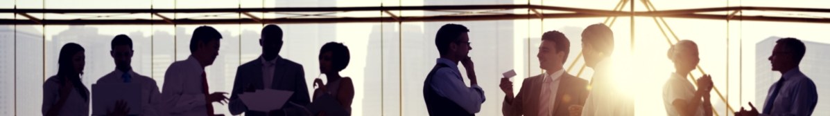 Professionals connecting at a business event, backlit by a city skyline at sunset